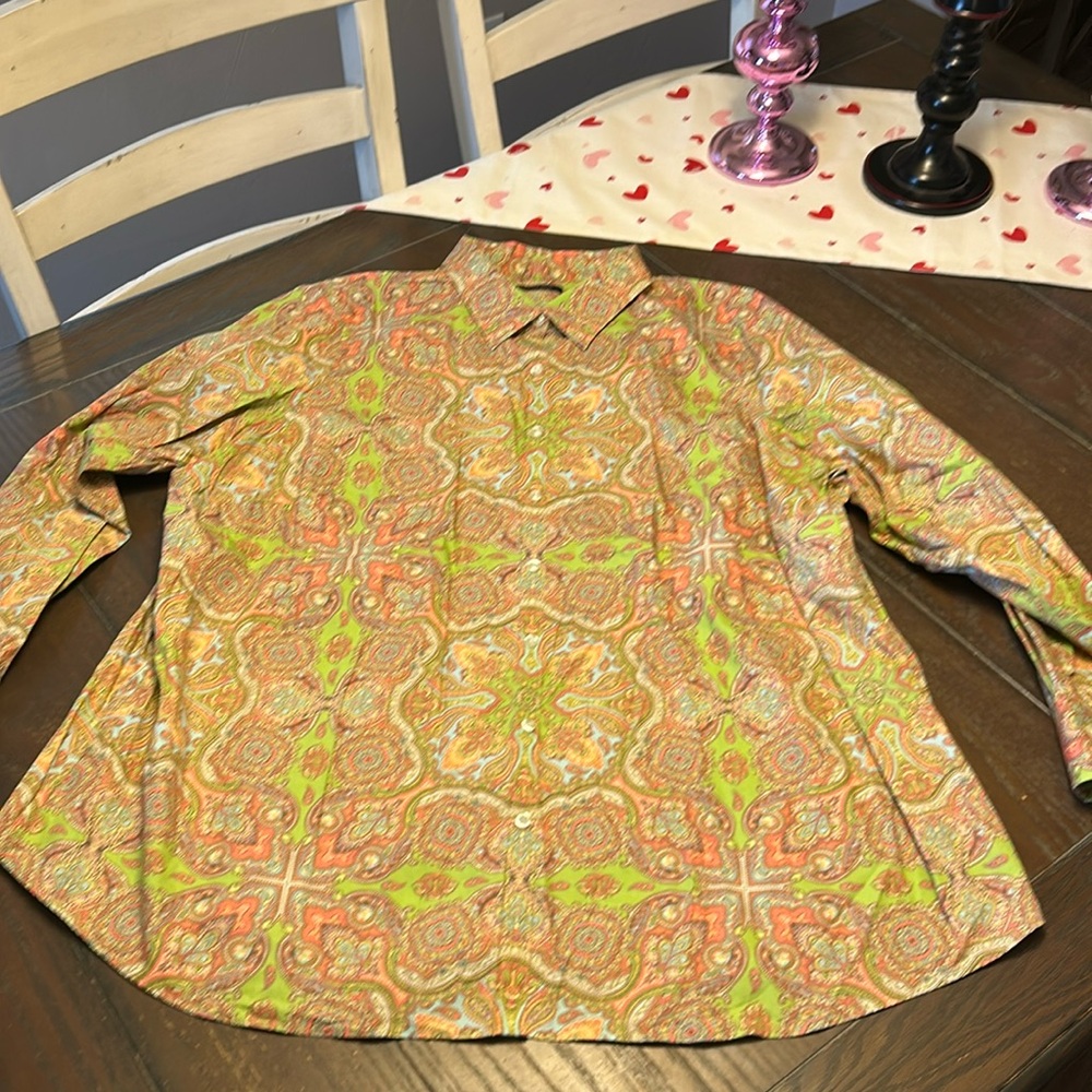 Lands End Button Up Shirt. 26W.  Lime green with pink mandala pattern.